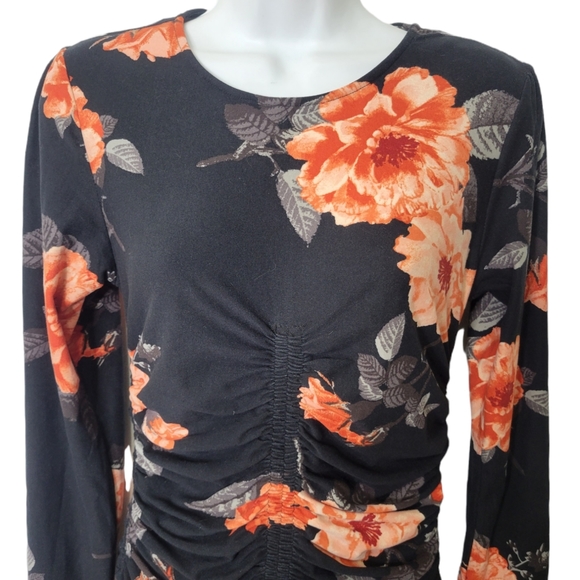 Planet Gold Crew Neck Long Sleeve Ruched Floral Fitted Dress Medium - Picture 2 of 7